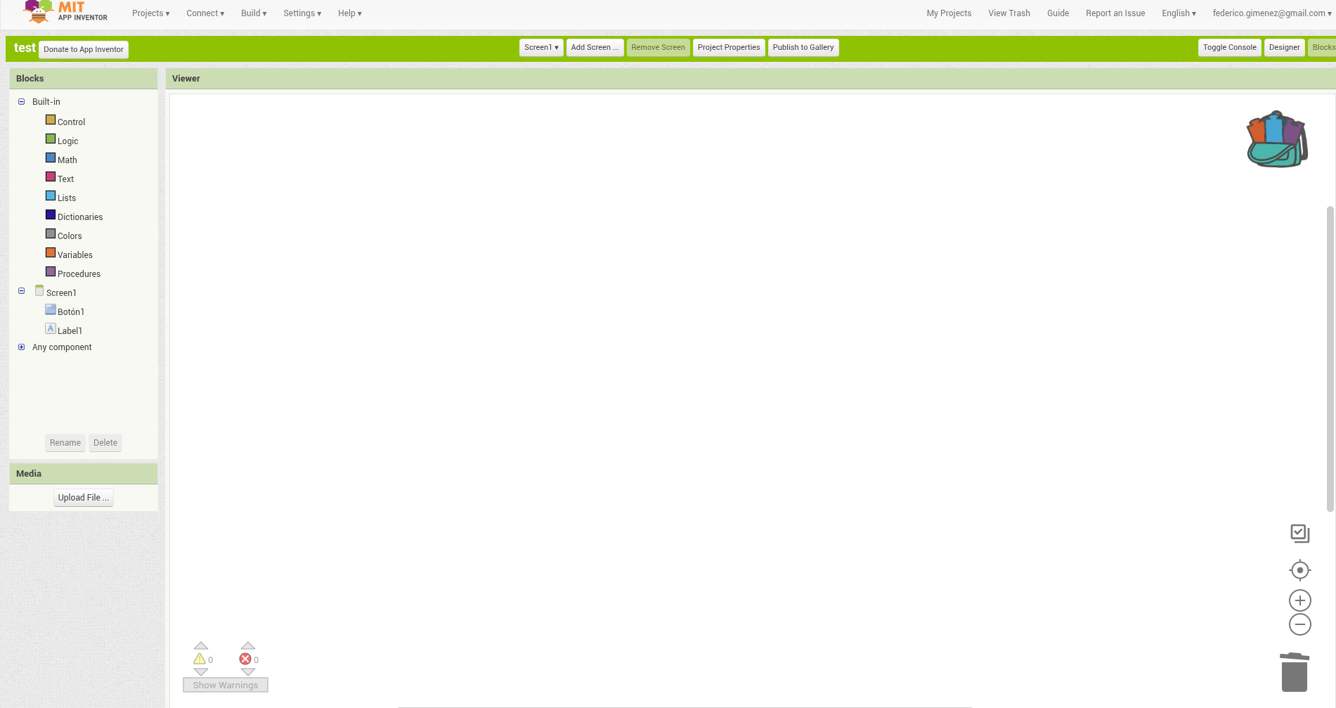 Vista de Blocks en App Inventor